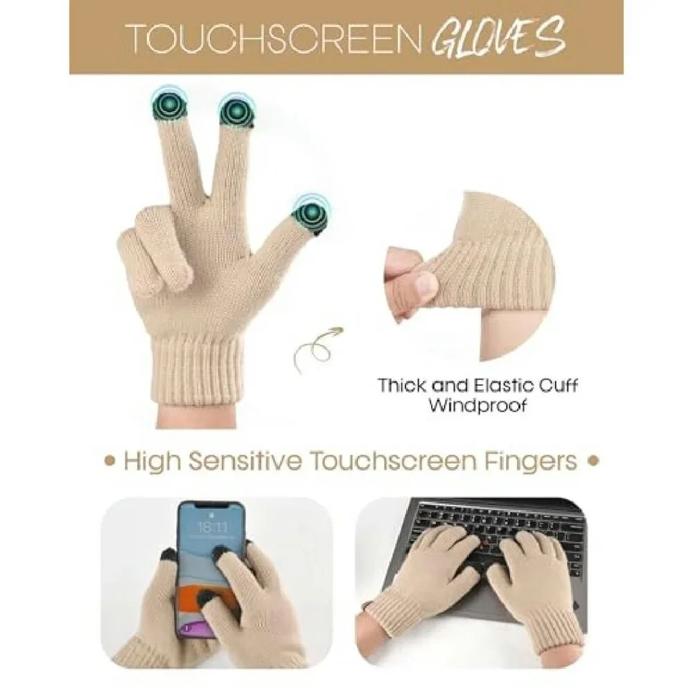 Warm Fleece Knit Pom Beanie Scarf Gloves Set Touchscreen Winter Accessories